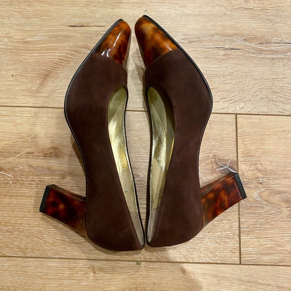Vintage 90s Escada Womens 7 Brown Pump Heel Square Toe Cap Color Block Tortoise - Picture 7 of 7